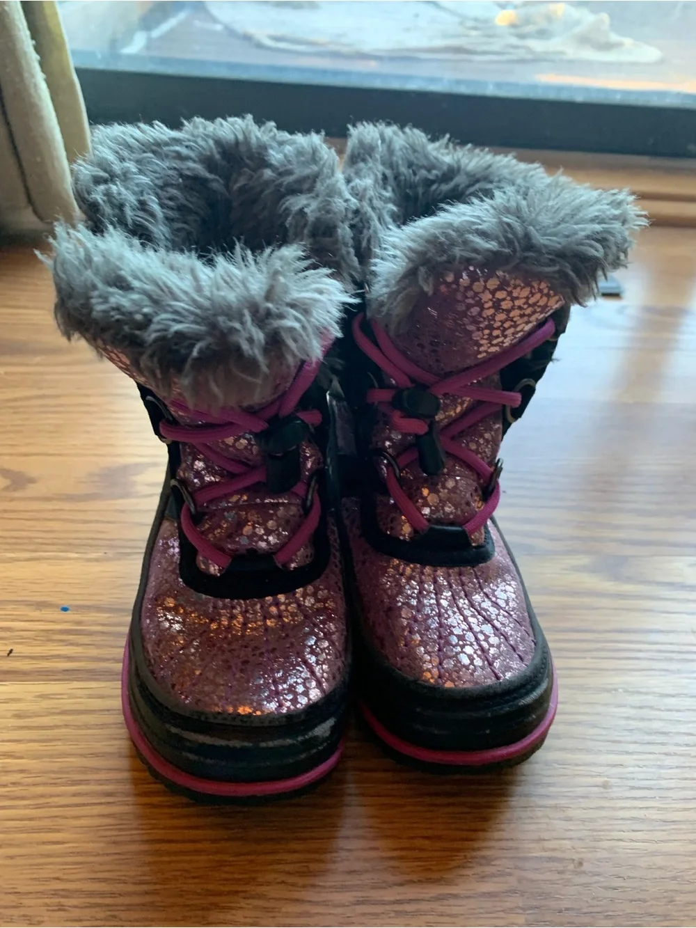 Sorel Kids Purple Glitter Snow Boots Faux Fur Collar Girl Size 12 Winter Boots